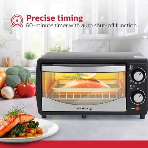 Holstein Housewares 4 Slice Countertop Toaster Oven with 60 Minute Timer Includes Pan and Wire Rack, Perfect for Baking, Broiling, and Toasting Compact Design in Sleek Black for Convenient Kitchen Use - Image 5