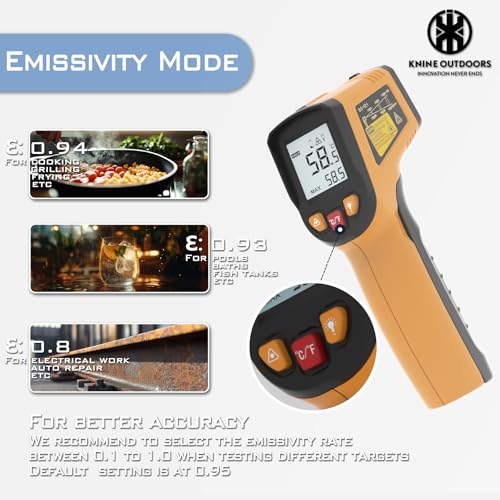 KNINE OUTDOORS Infrared Thermometer Laser Temperature Gun, -58℉ to 1112℉, Single Laser Targeting, Distance to Spot Ratio 12:1, for Cooking, Oven and Meat (Orange) - Image 5