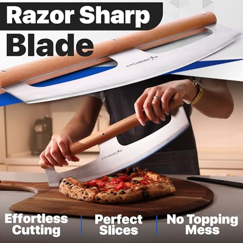 KitchenStar 14-Inch Pizza Cutter Rocker Blade - Razor Sharp Stainless Steel Slicer Knife, Stylish Beech Wood Handle, Protective Cover - Professional Pizza Oven Accessories, Silver - Image 3