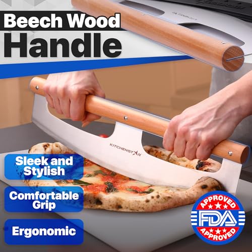 KitchenStar 14-Inch Pizza Cutter Rocker Blade - Razor Sharp Stainless Steel Slicer Knife, Stylish Beech Wood Handle, Protective Cover - Professional Pizza Oven Accessories, Silver - Image 4
