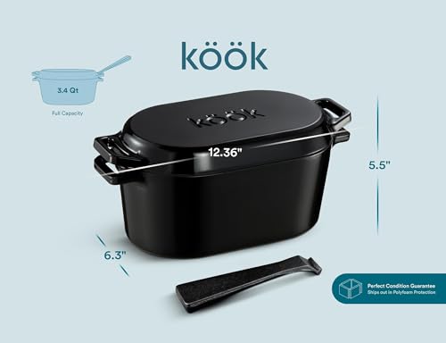 KooK Dutch Oven, Oven for Sourdough Bread Baking, with Lid, Dual Handles, Enameled Cast Iron, includes Lid Lever, Great for Baking Bread, Cooking and Roasting, Dishwasher Safe, 3.4 Qt, Black - Image 3