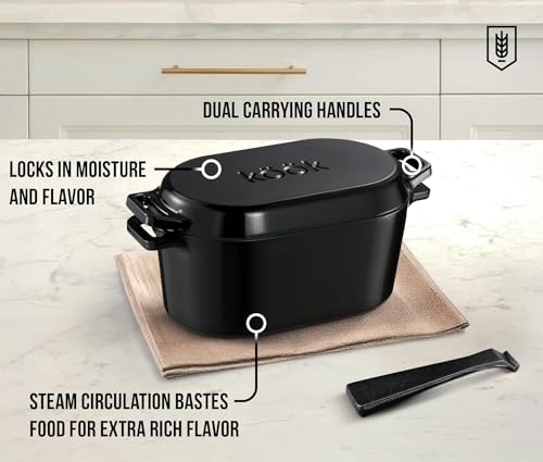 KooK Dutch Oven, Oven for Sourdough Bread Baking, with Lid, Dual Handles, Enameled Cast Iron, includes Lid Lever, Great for Baking Bread, Cooking and Roasting, Dishwasher Safe, 3.4 Qt, Black - Image 7