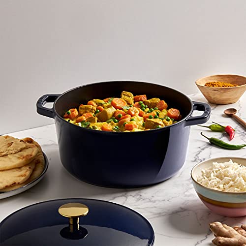 Milo by Kana 3.5-quart Enameled Cast Iron Dutch Oven with Lid | Premium Casserole Cooking Pot | Enamel Coating Inside and Out | Oven Safe and Dishwasher Friendly (Navy Blue with Gold Knob)) - Image 4