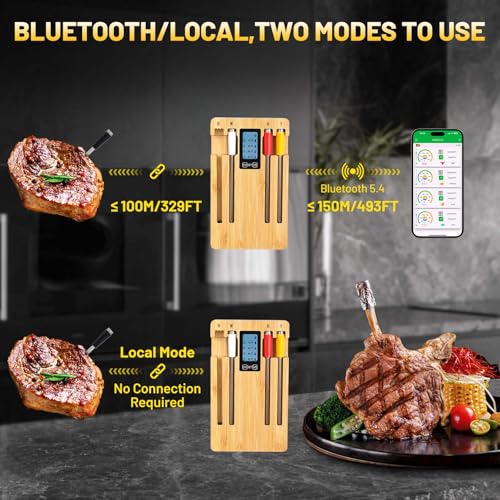 Wireless Smart Meat Thermometer with 4 Probes, Ultra-Long Range Bluetooth 5.4, App Control with iOS & Android, IP67 Waterproof, 10 Preset Menus & Color-Coded Probes for Oven, Grill, BBQ, A8 - Image 3