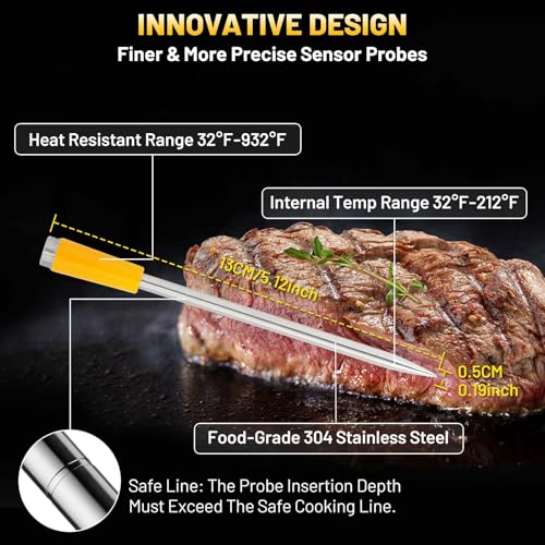 Wireless Smart Meat Thermometer with 4 Probes, Ultra-Long Range Bluetooth 5.4, App Control with iOS & Android, IP67 Waterproof, 10 Preset Menus & Color-Coded Probes for Oven, Grill, BBQ, A8 - Image 6