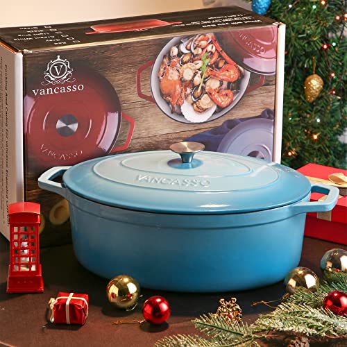 vancasso Enameled Cast Iron Dutch Oven, 9.3 Quart Dutch Oven Pot with Lid, Oval Dutch Oven Cast Iron Pot with Non Stick Coating for Bread Baking, Light Blue - Image 3